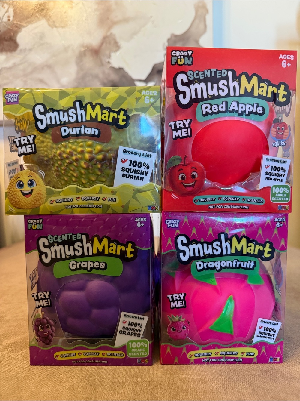 SmushMart Durian, Dragonfruit, Grapes & Apple Squishy Squeezy Fun Bundle